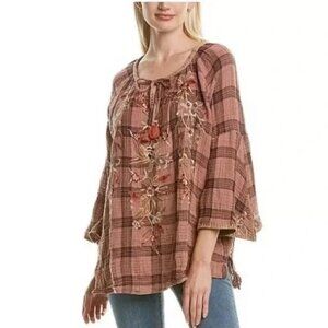 JOHNNY WAS Varlese Peasant Plaid Swing Blouse - Size XS